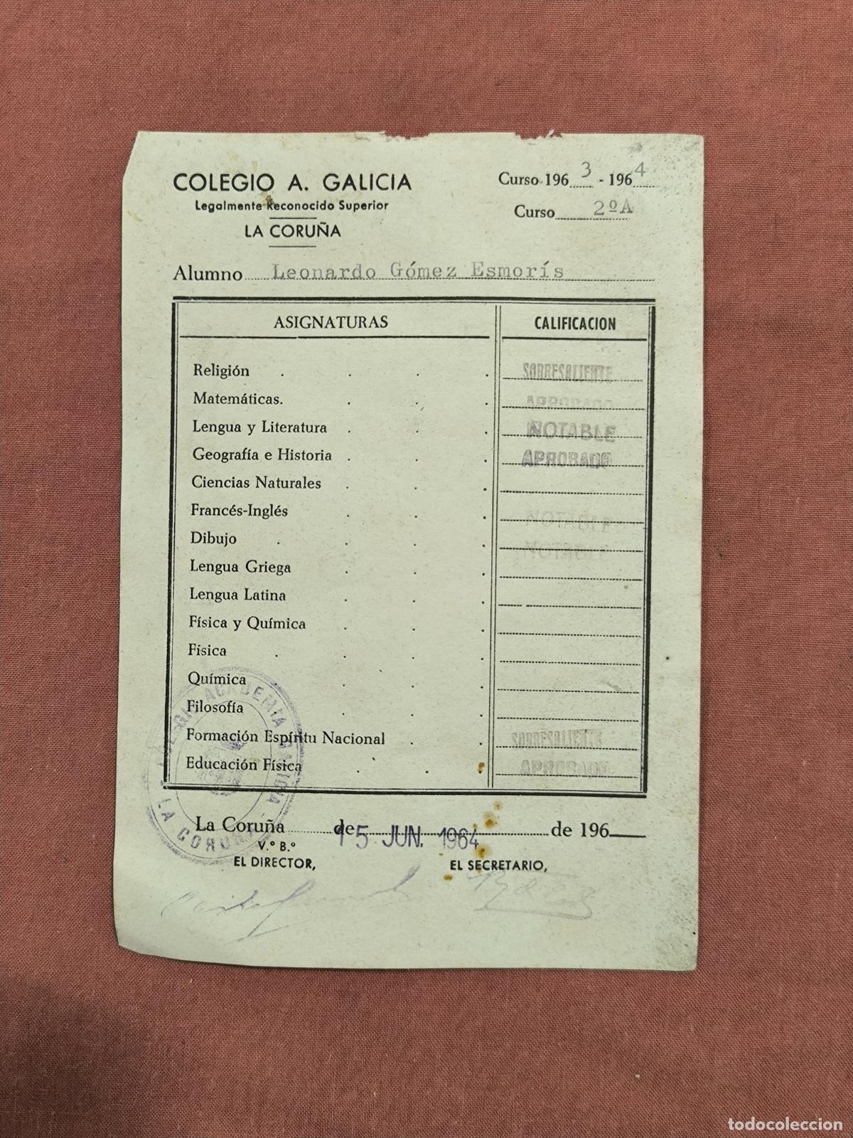 Libros antiguos: Bolet&iacute;n de Calificaciones Colegio A. Galicia La Coru&ntilde;a &ndash; Libro de Notas Antiguo
