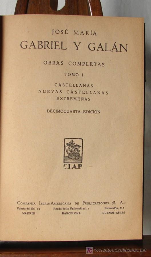 Libros antiguos: GABRIEL Y GALAN, OBRAS COMPLETAS, 2 TOMOS. - Foto 2