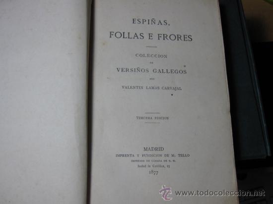 Libros antiguos: LAMAS CARVAJAL - ESPIÑAS FOLLAS E FRORES. Versiños gallegos. Imp M.Tello. Madrid, 1877 1 ª - Foto 2 - 21967674