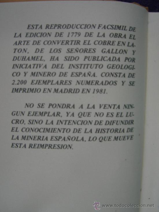 Libros antiguos: FACSIMIL. ARTE DE CONVERTIR EL COBRE EN LAT&Oacute;N. 1779  MINAS - Foto 3