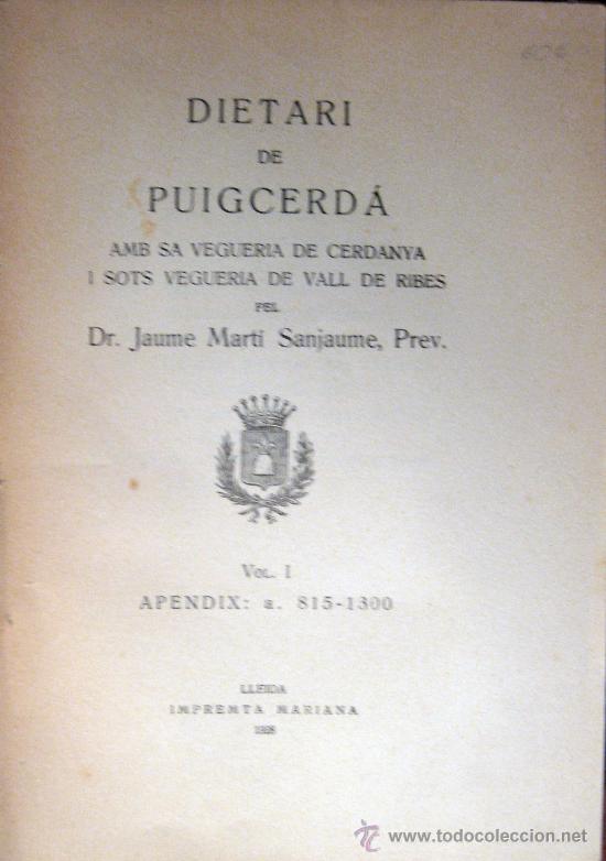 Libros antiguos: DIETARI DE PUIGCERD&Aacute;. 1928 - Foto 1