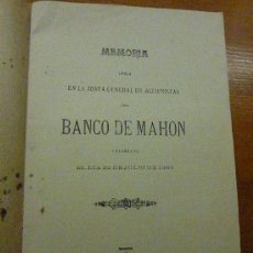 Libros antiguos: MEMORIA JUNTA GENERAL DE ACCIOISTAS - BANCO DE MAHON - MENORCA. Lote 19341477