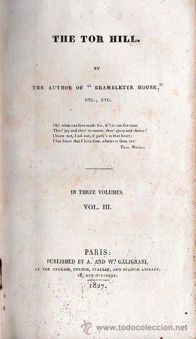 Libros antiguos: THE TOR HILL. 3 TOMOS - PARIS 1827 - Foto 1