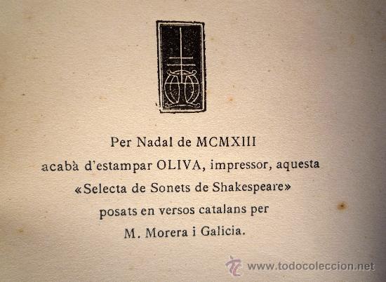 Libros antiguos: SELECTA DE SONETS DE SHAKESPEARE. OLIVA IMPRESSOR, 1913 - Foto 6