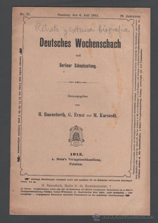 Libros antiguos: CX- AJEDREZ - DEUTSCHES WOCHENSCHACH (Semanario Aleman de Ajedrez) n&ordm; 27 - Fotograbado    y una exte