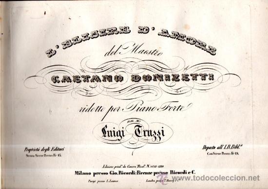 Libros antiguos: LELISIRE DAMORE DEL MAESTRO CAETANO DONIZATTI - Foto 1