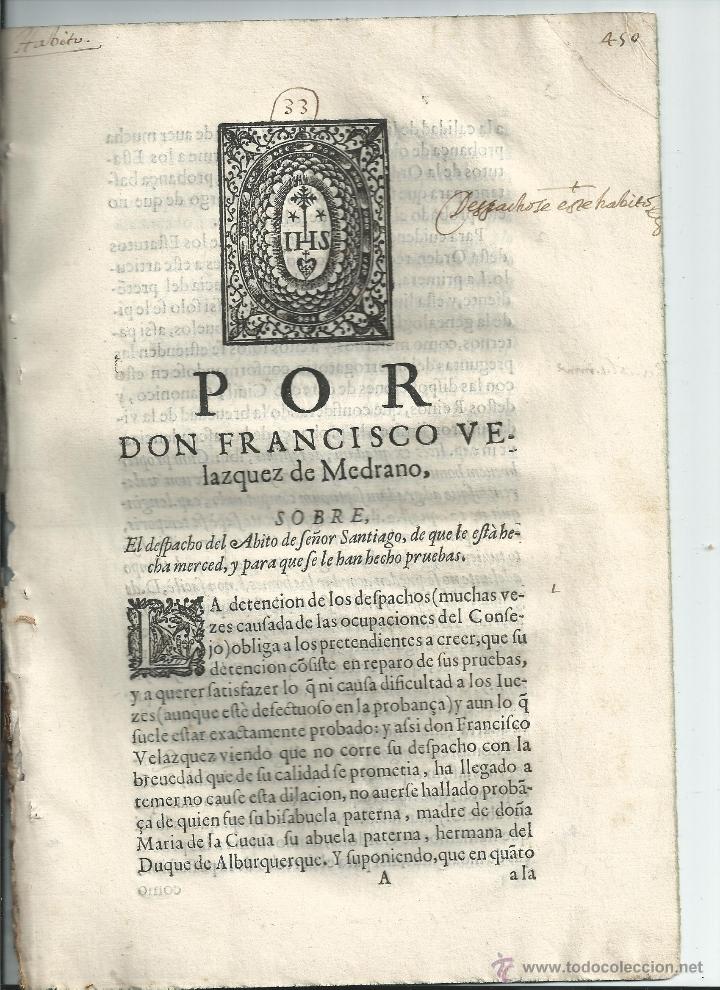 Libri antichi: DESPACHO DEL HABITO DE SE&Ntilde;OR SANTIAGO. CUELLAR (SEGOVIA). Siglo XVII