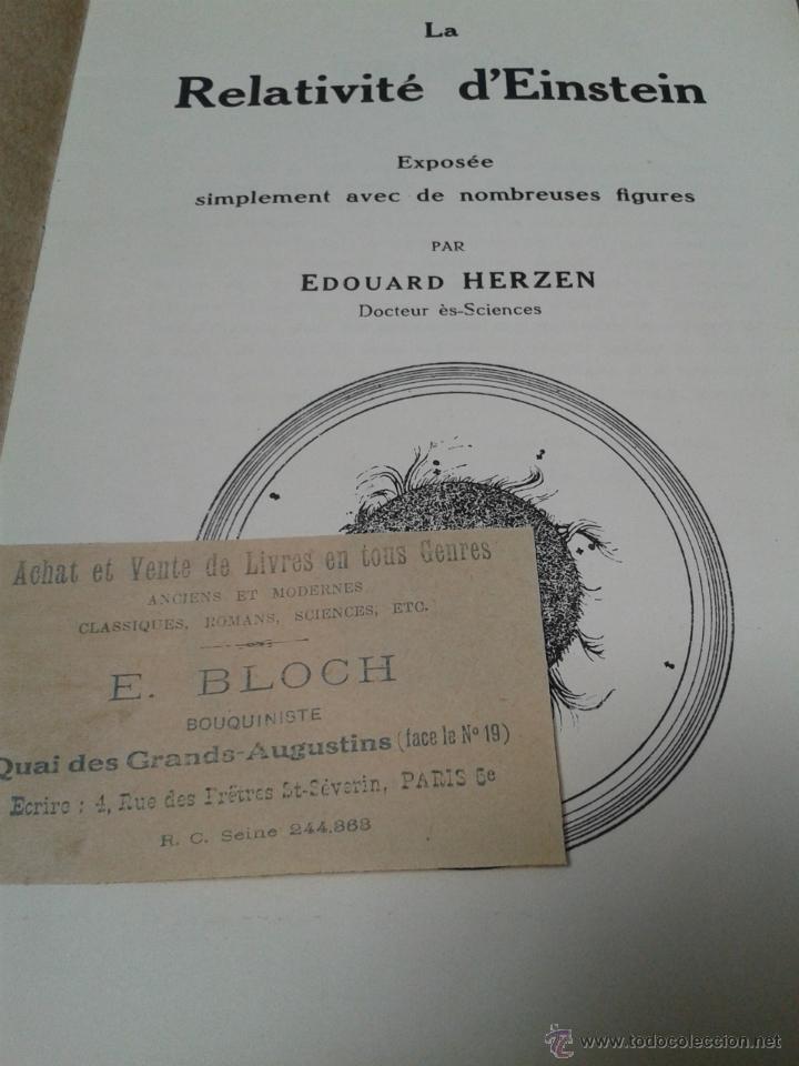 Libros antiguos: LA RELATIVIT&Eacute; DEINSTEIN. A&Ntilde;O 1924. EDOUARD HERZEN - Foto 2