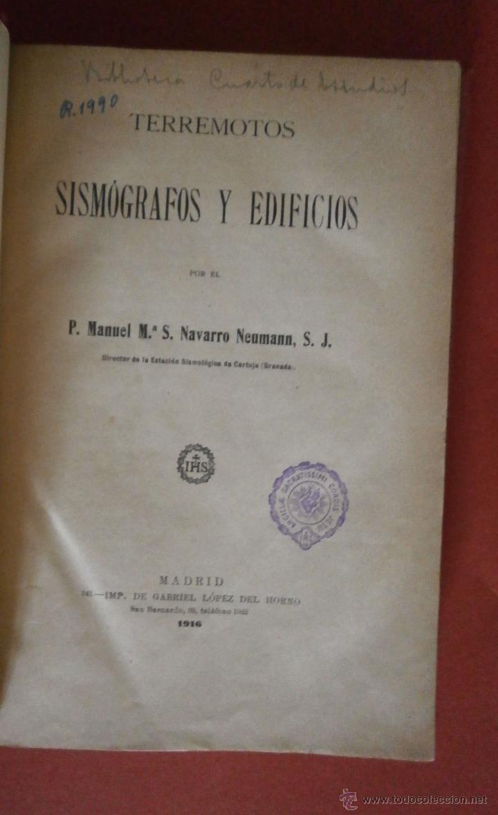 Libros antiguos: Terremotos, Sism&oacute;grafos y Edificios. P. Manuel M&ordf; S. Navarro Neumann