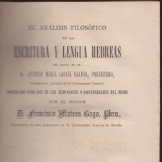 Libros antiguos: GARCÍA BLANCO. MATEOS. ESCRITURA Y LENGUA HEBREAS. SEVILLA 1882. JUDAICA.. Lote 50182703