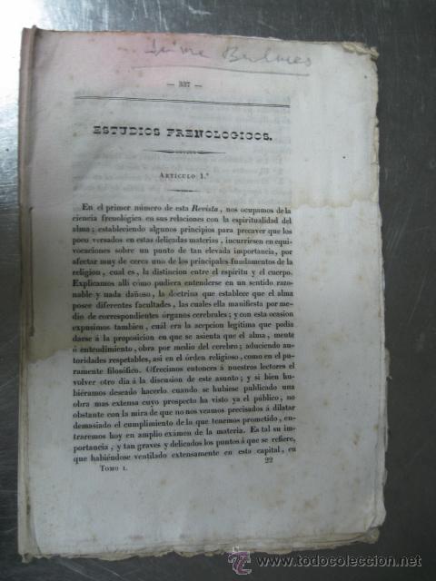 Libros antiguos: Jaime Balmes estudios frenologicos, separata. - Foto 1