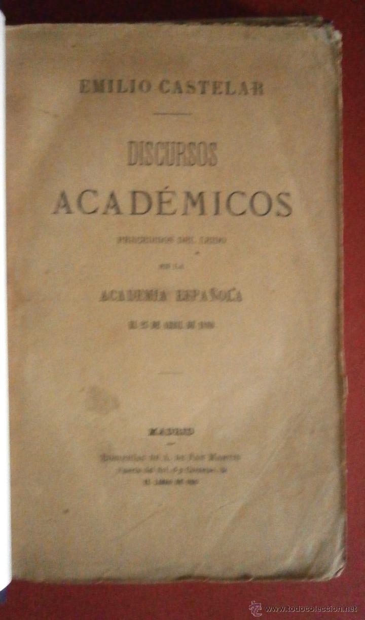 Libros antiguos: Discursos acad&eacute;micos. Emilio Castelar - Foto 1