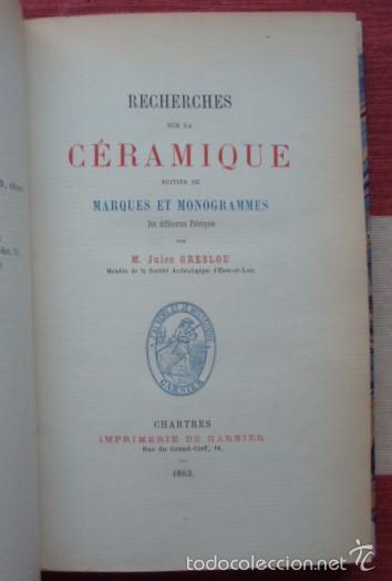 Libros antiguos: GRESLOU : Recherches sur la c&eacute;ramique, 1863 - Foto 1