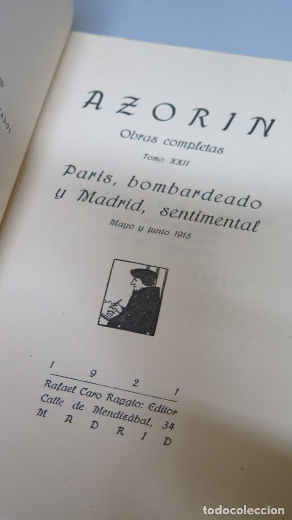 Libros antiguos: 1921.- PARIS BOMBARDEADO Y MADRID. SENTIMENTAL. AZORIN - Foto 2