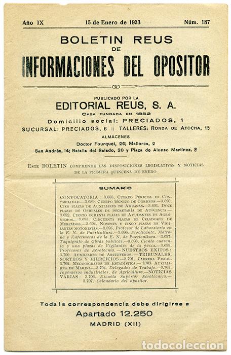 Livres anciens: Bolet&iacute;n Reus de informaciones del opositor. A&ntilde;o IX, 15 enero 1933, n&ordm; 187. 16 p&aacute;ginas