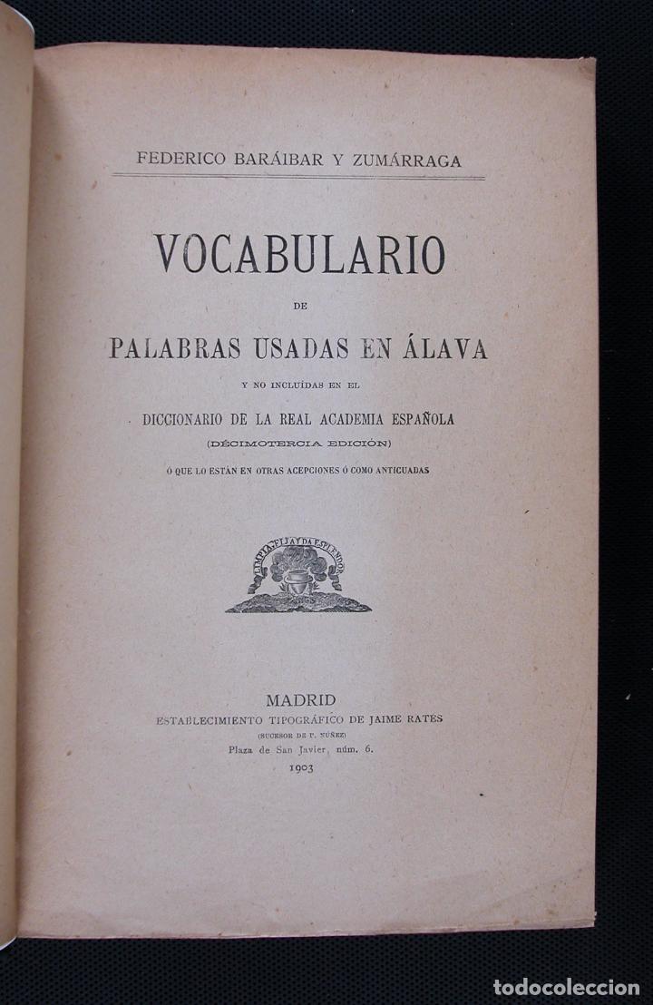 Livres anciens: Vocabulario de palabras usadas en &Aacute;lava y no incluidas en el Diccionario.. F. Bar&aacute;ibar