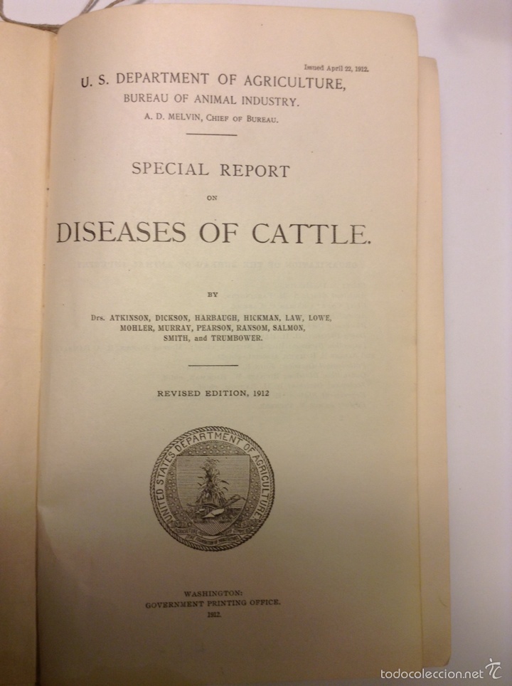 Livres anciens: VETERINARIA GANADERIA AGRICULTURA SPECIALREPORT ON DISEASES OF CATTLE 1912