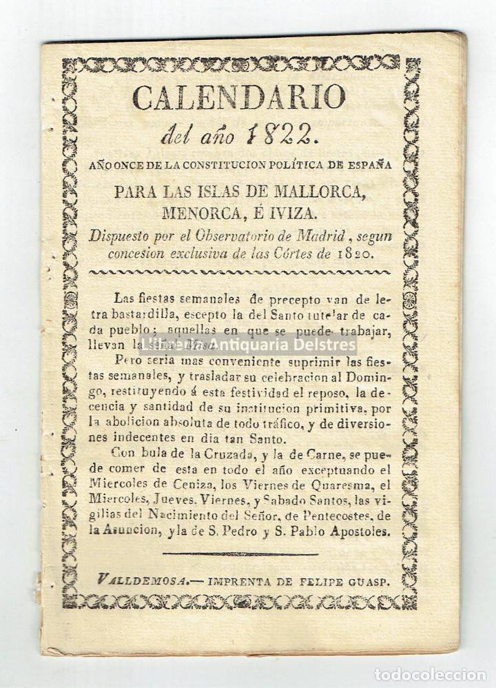 Libros antiguos: [Epidemia. Valldemossa] Calendario del a&ntilde;o 1822. A&ntilde;o once de la Constituci&oacute;n pol&iacute;tica...