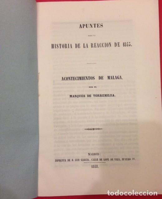 Libri antichi: APUNTES PARA LA HISTORIA DE LA REACCION DE 1843 ACONTECIMIENTOS EN MALAGA. MARQUES DE TORREMEJIA 184