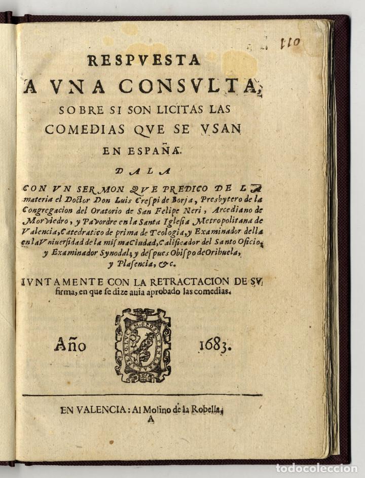 Antiquarische B&uuml;cher: [Contra las Comedias que se hacen en Espa&ntilde;a. Valencia, 1683] Cresp&iacute; de Borja, Luis.