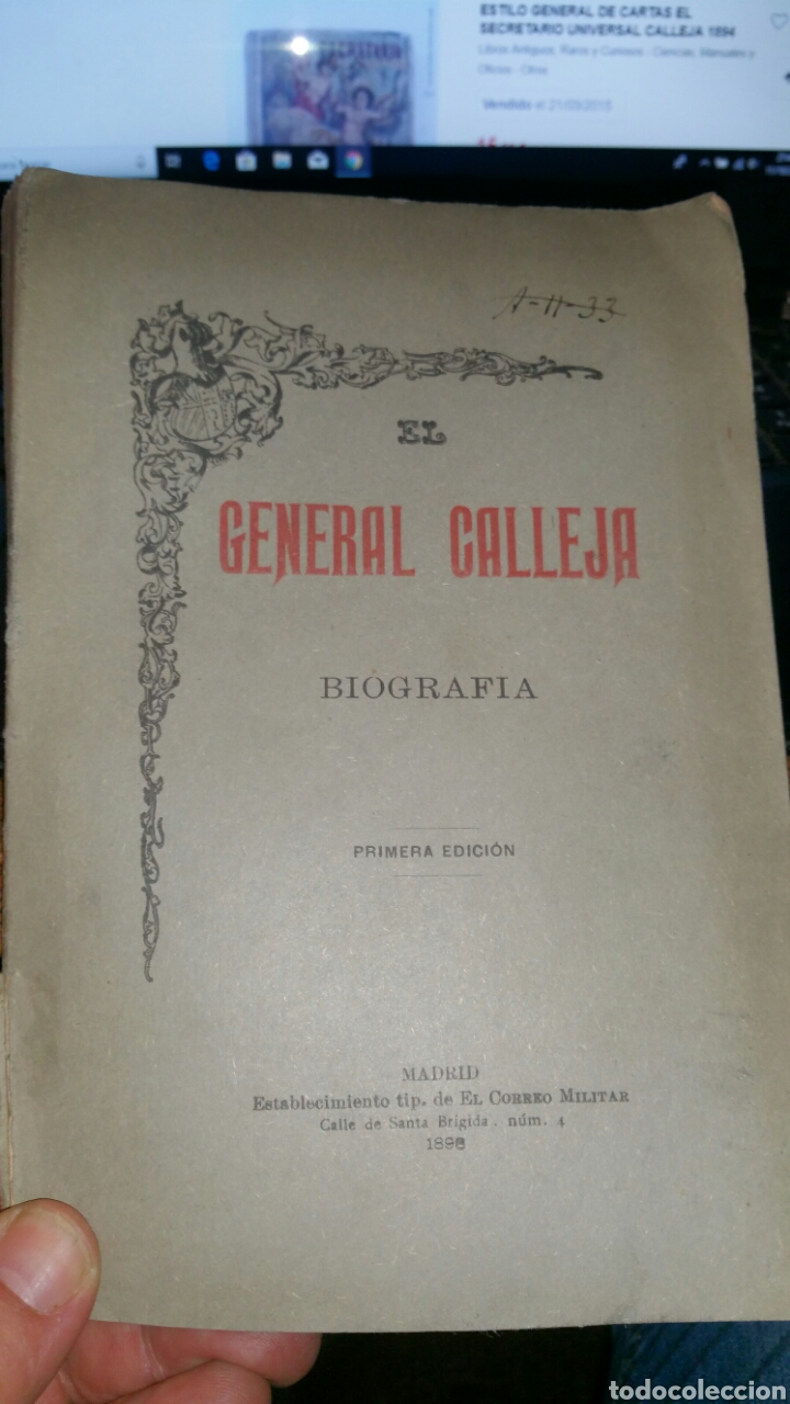 Libri antichi: Biograf&iacute;a del general Calleja a&ntilde;o mil 898 Madrid encuadernaci&oacute;n en r&uacute;stica portada original