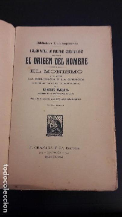 Libros antiguos: El origen del hombre   El monismo    E. Haeckel - Foto 2