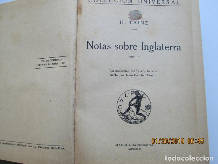 Libros antiguos: NOTAS SOBRE INGLATERRA. - TAINE, H. - ED. CALPE 1920. - Foto 1