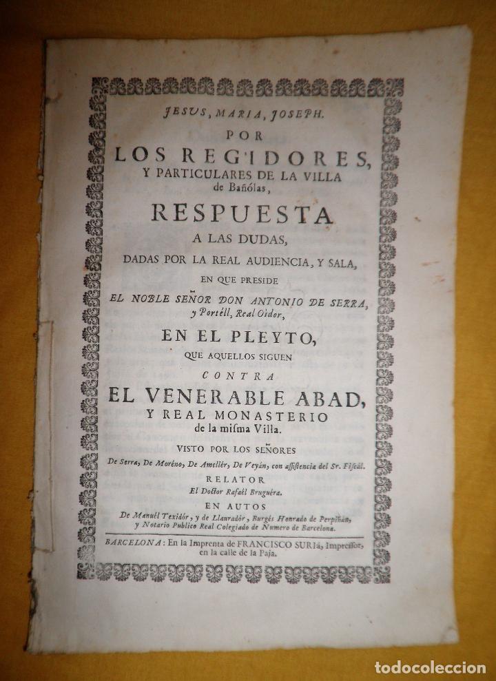 VILLA DE BAÑOLAS - AÑO 1755 - EXCEPCIONAL DOCUMENTO HISTORICO. (Libros Antiguos, Raros y Curiosos - Historia - Otros)
