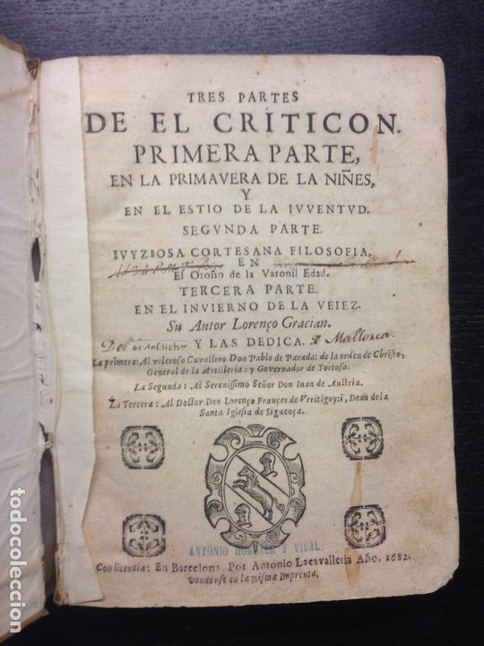 Libros antiguos: TRES PARTES DE EL CRITICON, GRACIAN, LORENZO, 1682 - Foto 1