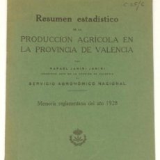 Libros antiguos: AÑO 1929 - PRODUCCIÓN AGRÍCOLA EN LA PROVINCIA DE VALENCIA MEMORIA AÑO 1928 RESUMEN ESTADÍSTICO