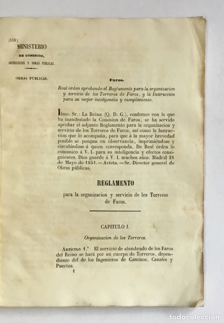 Libros antiguos: REGLAMENTO &Eacute; INSTRUCCI&Oacute;N PARA EL SERVICIO DE LOS TORREROS DE FAROS. 1851 - Foto 1