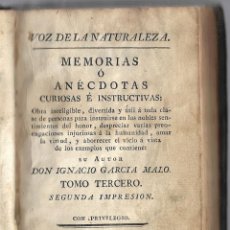 Libros antiguos: LIBRO DE 193 PAGS -TOMO 3º - LA VOZ DE LA NATURALEZA - POR IGNACIO GARCIA MALO EN 1.803 - . Lote 172905968