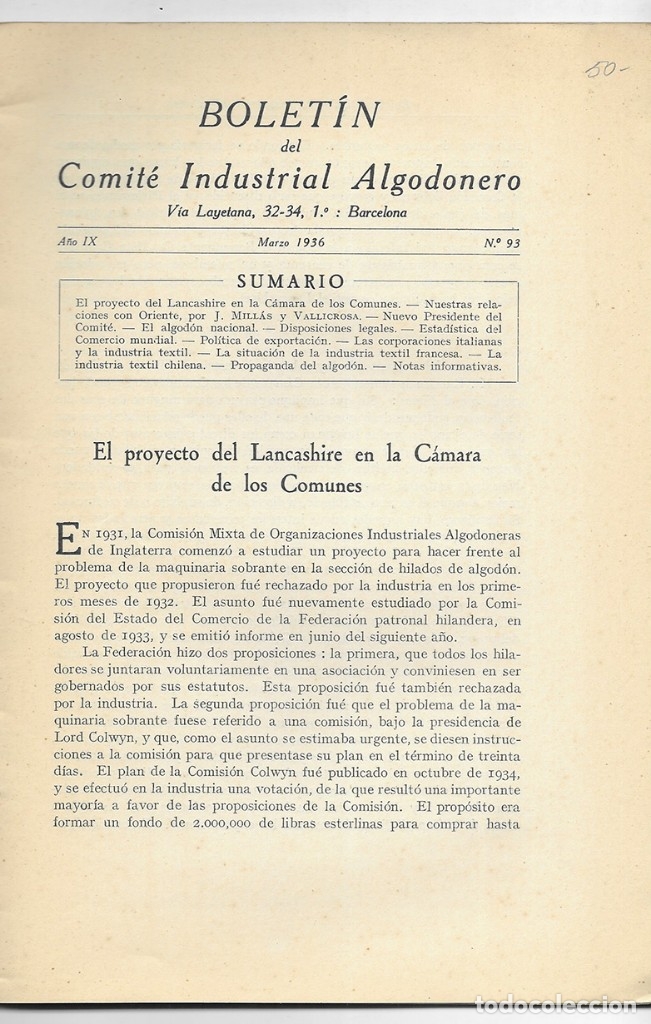 Libros antiguos: Bolet&iacute;n del Comit&eacute; Industrial Algodonero  1936 - Foto 3