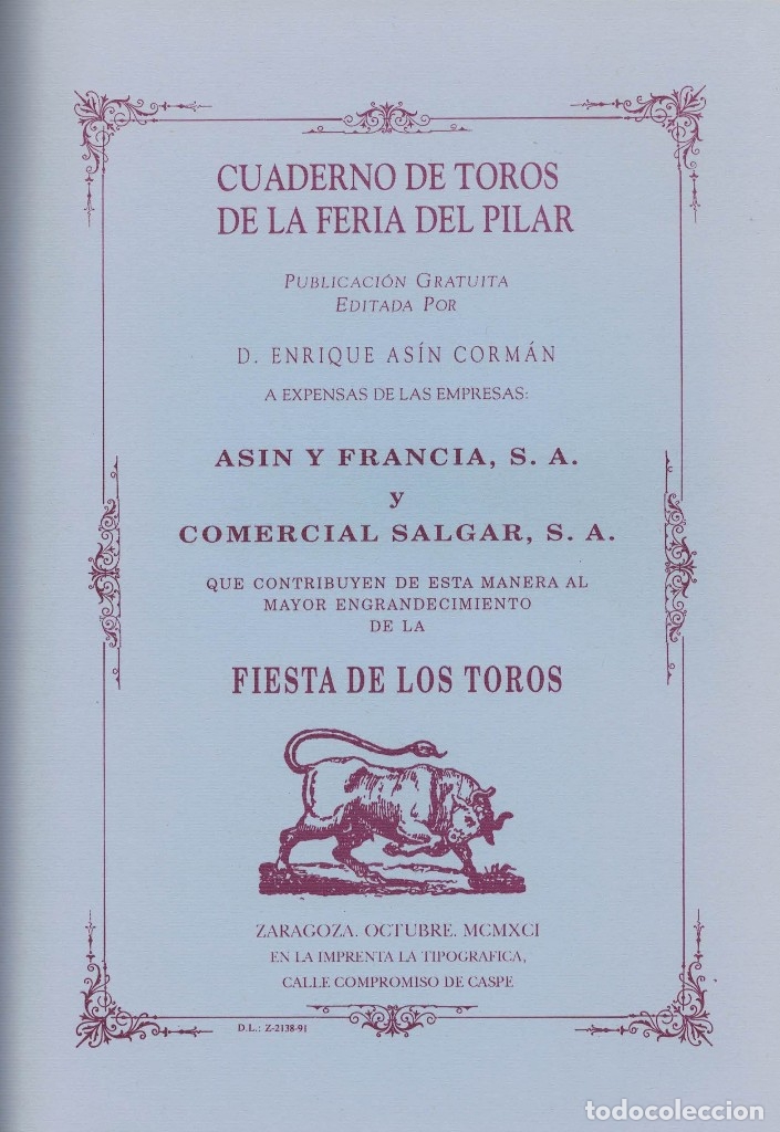 Libros antiguos: Cuaderno de Toros de la Feria del Pilar 1991 - Foto 2
