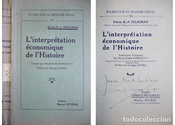 Antiquarische B&uuml;cher: SELIGMAN, Edwin Robert A.  L&rsquo;Interpr&eacute;tation &Eacute;conomique de l&rsquo;Histoire (1902). Sin.a&ntilde;o (1925)..
