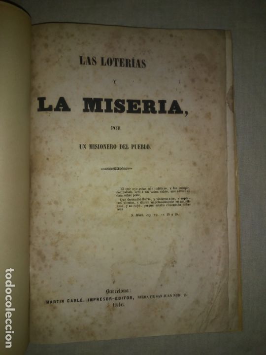 Old books: LAS LOTERIAS Y LA MISERIA - A&Ntilde;O 1846 - MUY RARO.