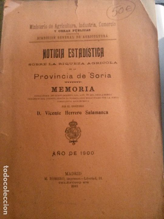 Old books: noticia estadistixa sobre la riqueza africola de la provincia de soria.
