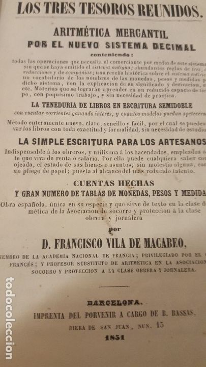 Libros antiguos: Aut.- F. Vila De Macabeo, Titulo  Los Tres tesoros reunidos, Edc 1851,jmolina1946