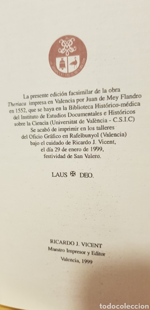 Libros antiguos: THERIACA,VALENCIA,JUAN DE MEY,FACSIMIL. - Foto 4