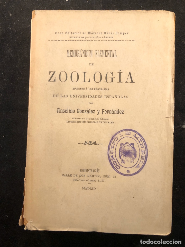 Libros antiguos: Memor&aacute;ndum elemental de Zoolog&iacute;a - Foto 1