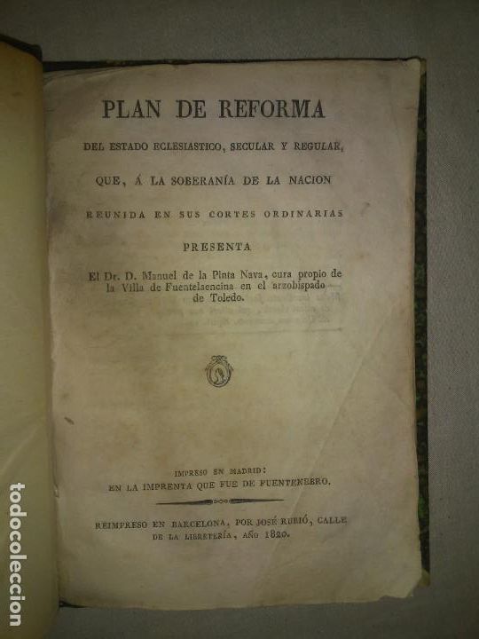 Libros antiguos: PLAN DE REFORMA DEL ESTADO ECLESIASTICO - A&Ntilde;O 1820 - TRIENIO LIBERAL. - Foto 1