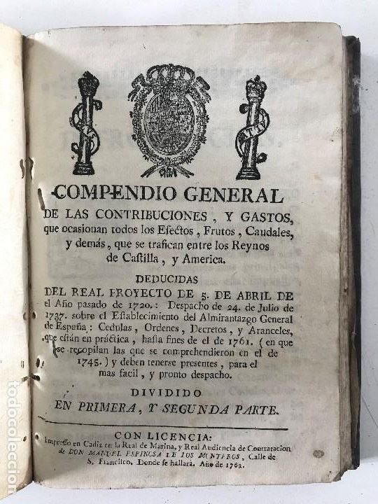 Libros antiguos: Compendio General Gastos Castilla y America, C&aacute;diz, 1761. - Foto 2