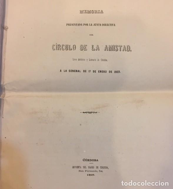 Libros antiguos: MEMORIA CIRCULO DE LA AMISTAD, CORDOBA 1869 - Foto 1