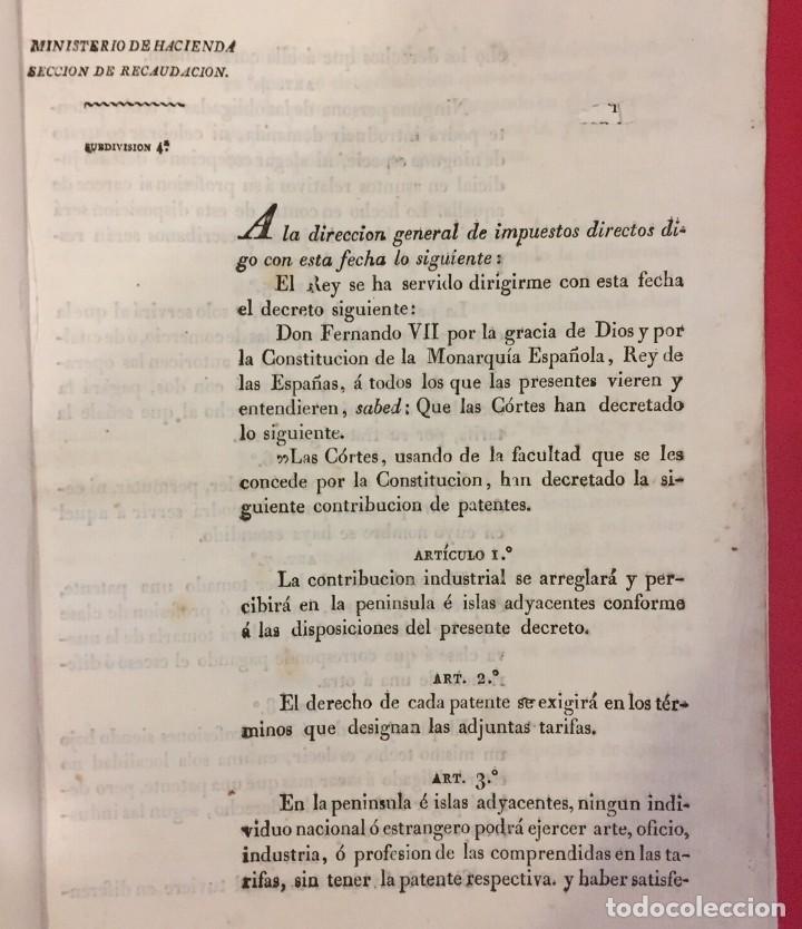 Old books: MINISTERIO DE HACIENDA, FERNANDO VII: DECRETO SIGUIENTE PAGO DE CONTRIBUCION DE PATENTES