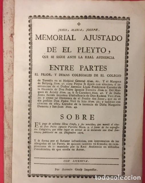 Antiquarische B&uuml;cher: PLEYTO ENTRE EL COLEGIO DE TORRELLA Y EL MARQUES DE BELLPUIG 1676. ANTONIO GUASP IMPRESOR 1771