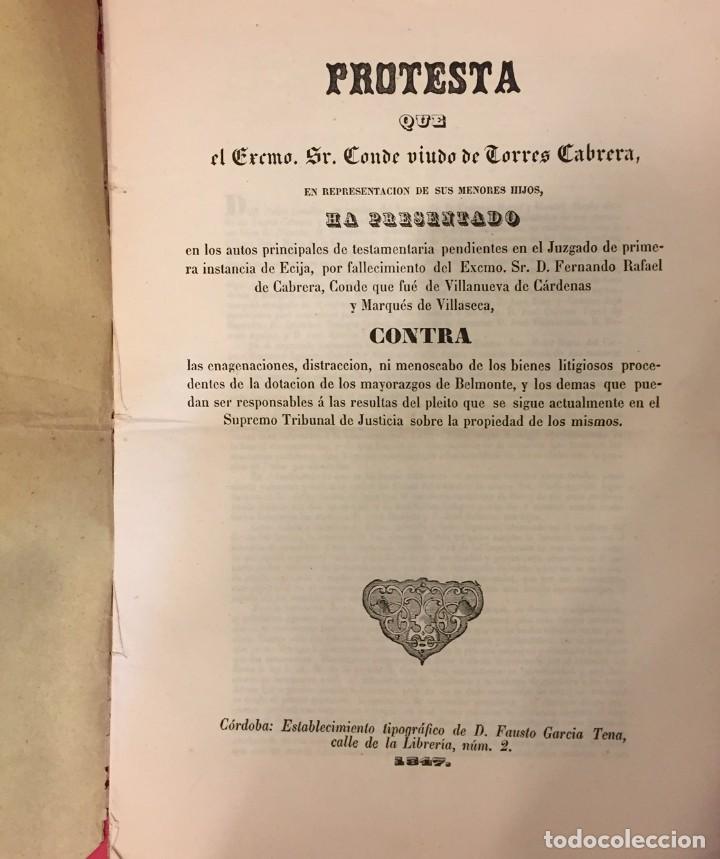 Livros antigos: PROTESTA DEL CONDE DE TORRES CABRERA EN REPRESENTACION DE SUS HIJOS CORDOBA 1847 TIP. FAUSTO GARCIA
