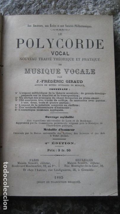Livres anciens: j. frederic giraud: le polycorde vocal nouveau traite theorique et pratique. musique vocale A&ntilde;o 1885