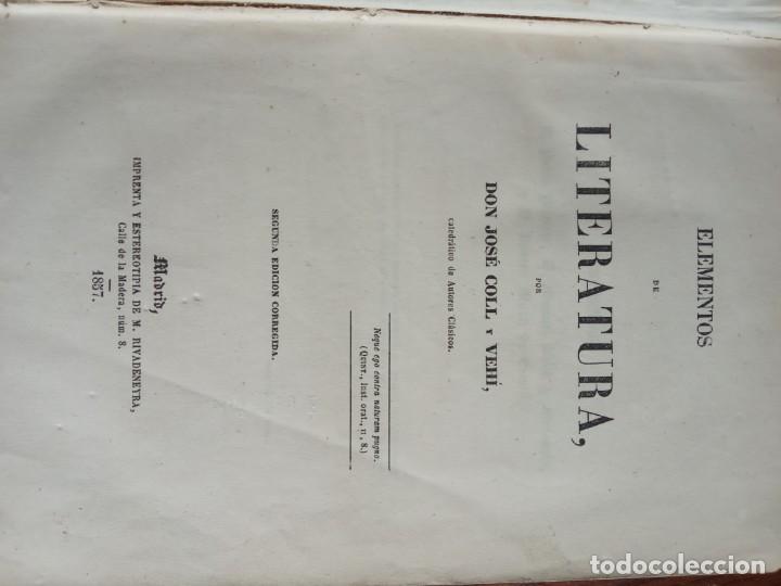 Libros antiguos: Elementos de Literatura- Jos&eacute; Coll y Veh&iacute;.1857. - Foto 4