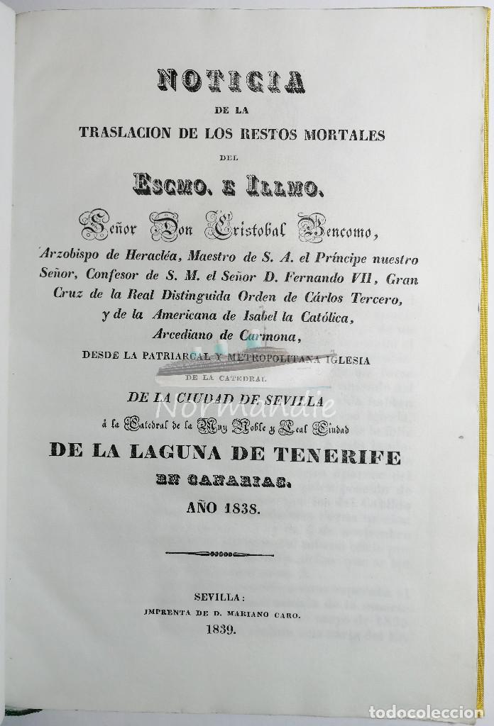 Livros antigos: NOTICIA TRASLACI&Oacute;N DE LOS RESTOS MORTALES DE CRIST&Oacute;BAL BENCOMO A LA LAGUNA. TENERIFE. 1839.