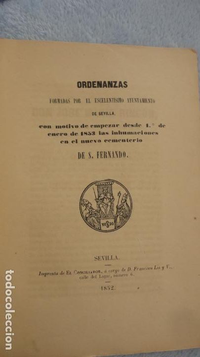 Livres anciens: ORDENANZAS CEMENTERIO SAN FERNANDO.REGLAMENTO INTERIOR.AYUNTAMIENTO SEVILLA 1852.